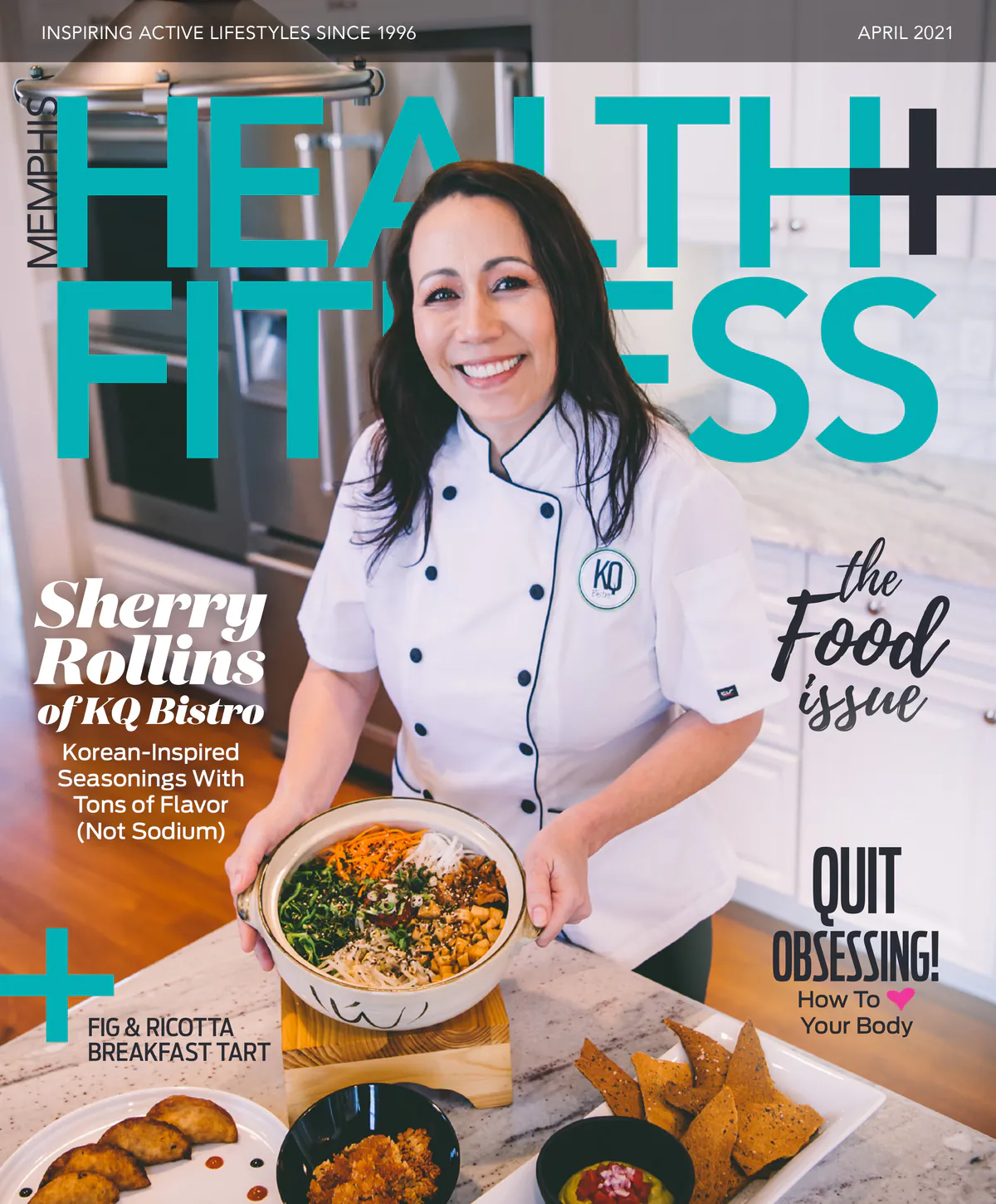 Sherry Rollins of KQ Bistro on the cover of Memphis Health+Fitness, The Food Issue, April 2021, holding a bowl of her food