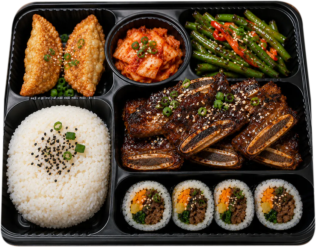 KQ Bistro Korean BBQ rib platter with steamed rice, dumplings, kimchi, spicy green beans and kimbap